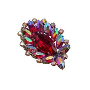 Vintage Signed Garne Brooch Red Aurora Borealis Rhinestones Pin Costume Jewelry